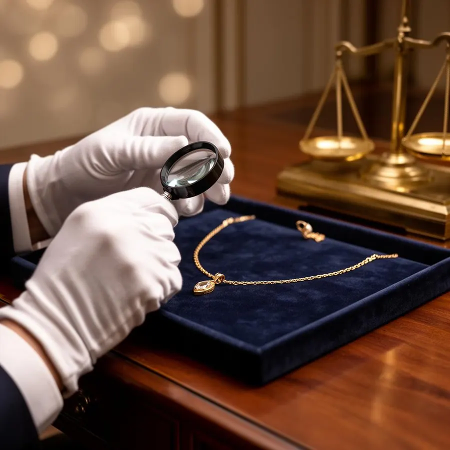 Expert taxeert gouden ketting met loep en weegschaal in Naarden
